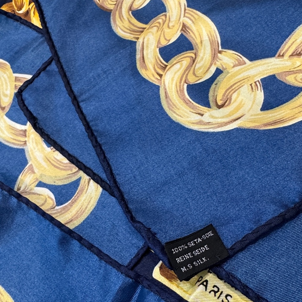 Authentic CHANEL Elegant Navy and Gold Silk Scarf - Picture 5 of 12